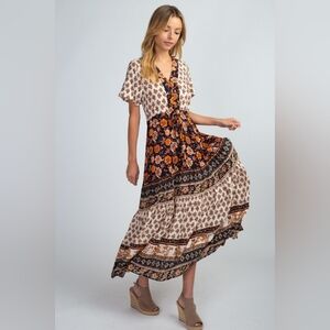 Fehrnvi Bohemian Dress Floral Printed Short Sleeve V-neck Waist Tie Size Small